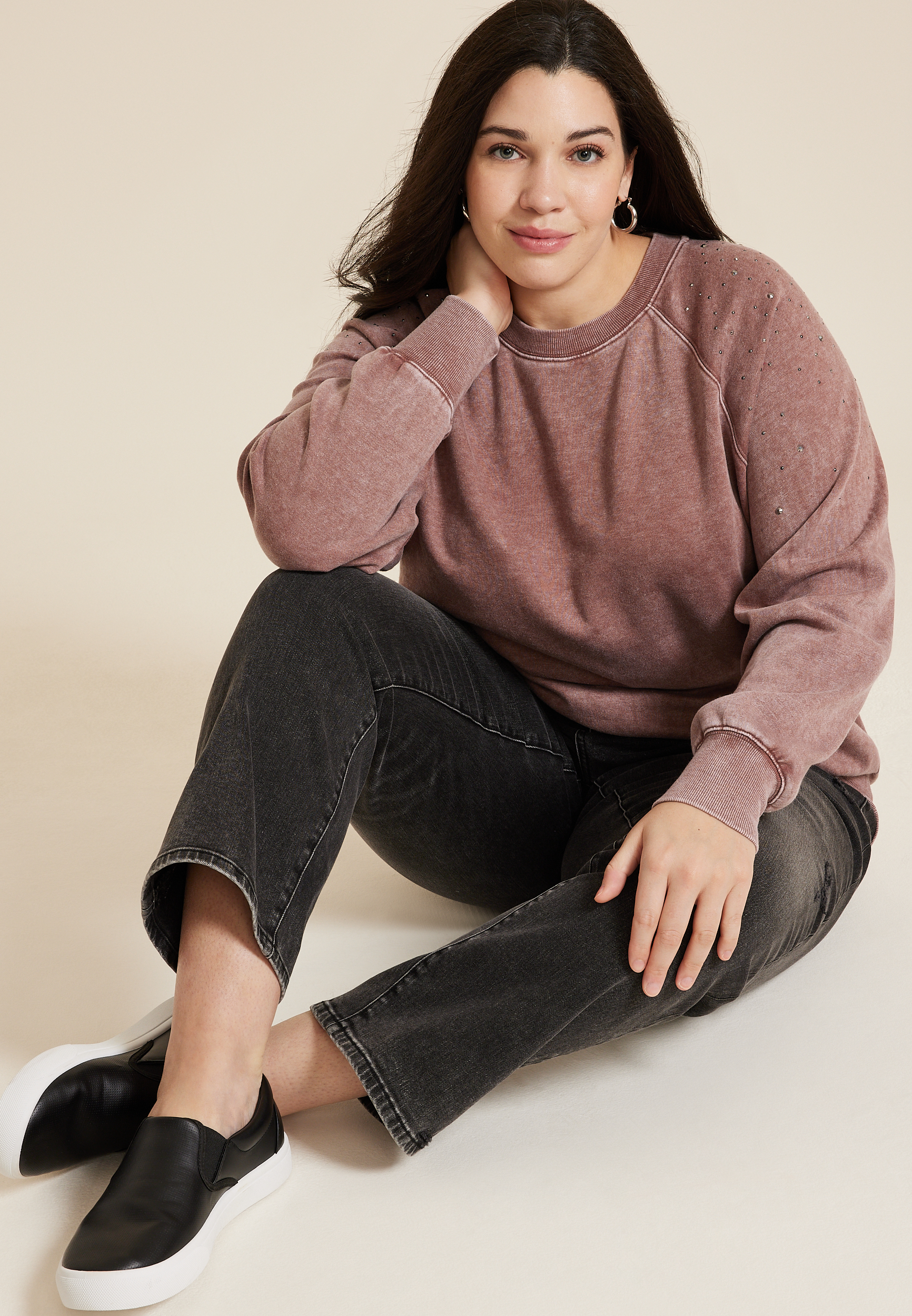 Plus Size edgely&trade; Rhinestone Embellished Shoulder Relaxed Fit Sweatshirt, C4291, large