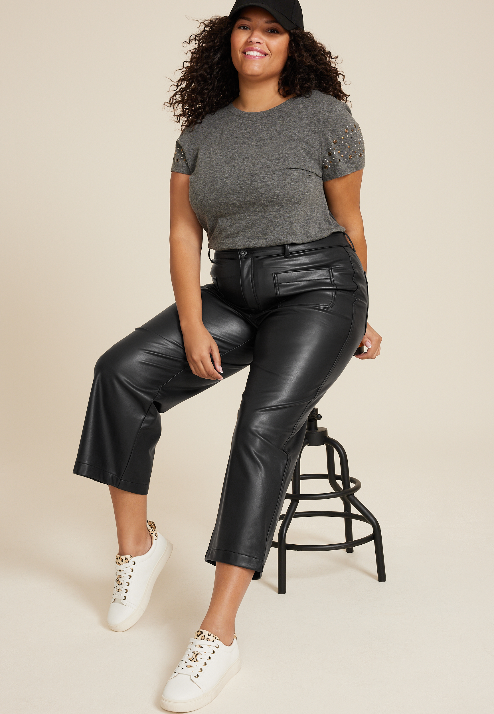 Plus Size edgely&trade; Faux Leather High Rise Patch Pocket Wide Leg Pant, C106, large