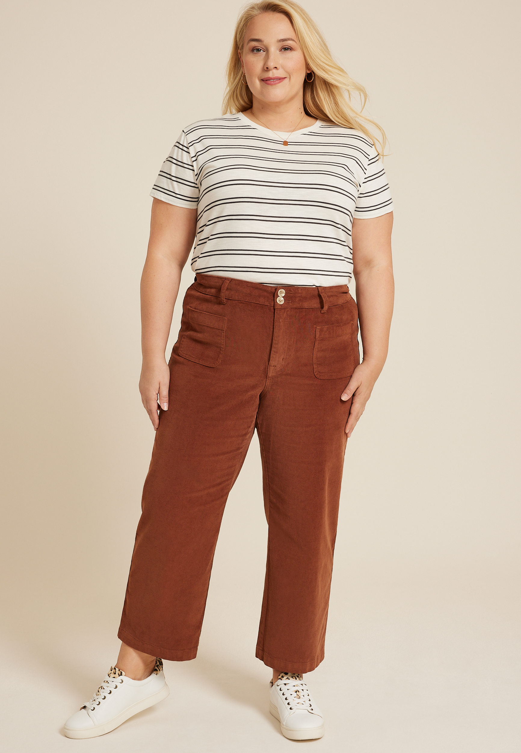 Plus Size Corduroy High Rise Patch Pocket Wide Leg Pant
