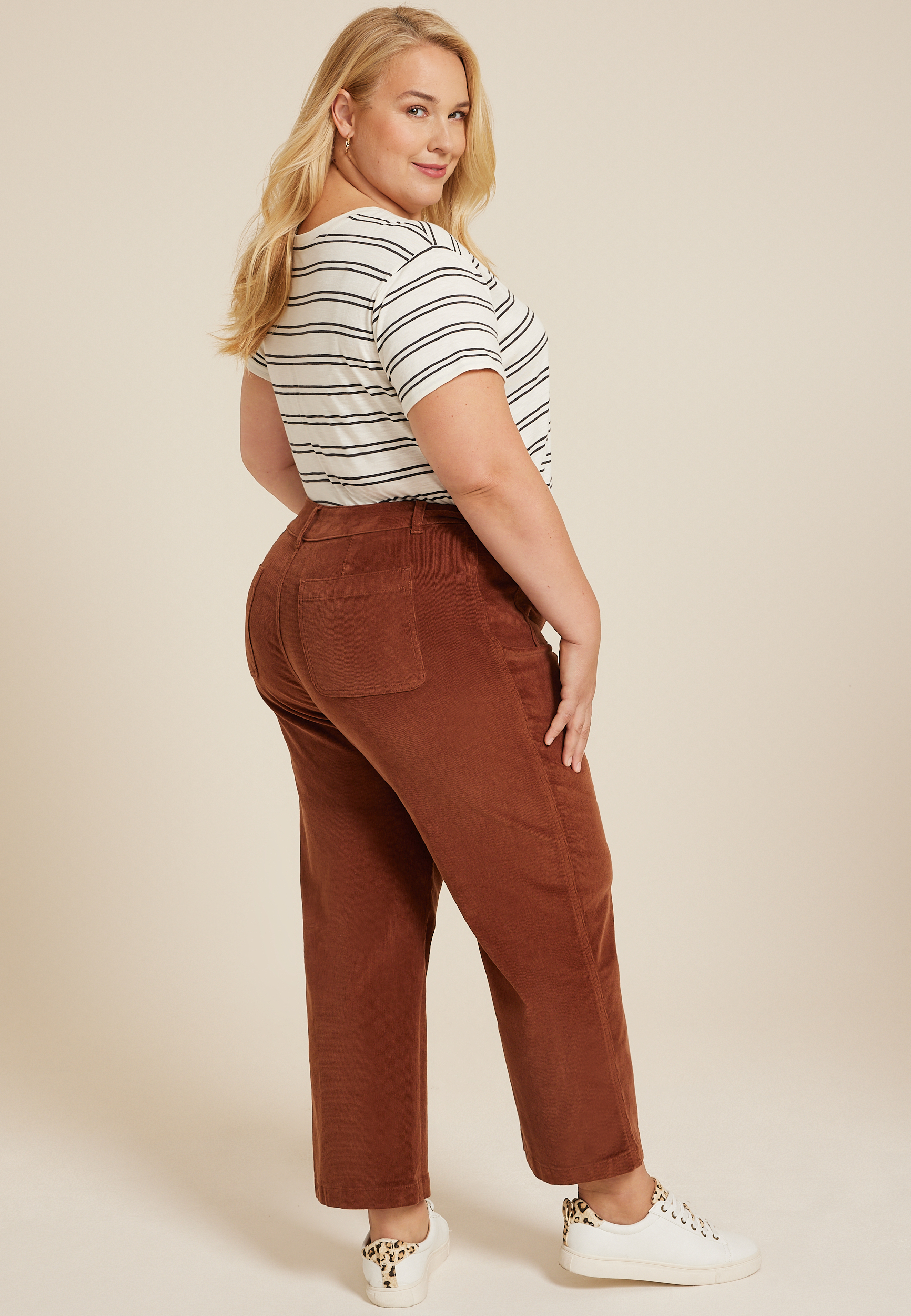 Plus Size Corduroy High Rise Patch Pocket Wide Leg Pant, C9814, large