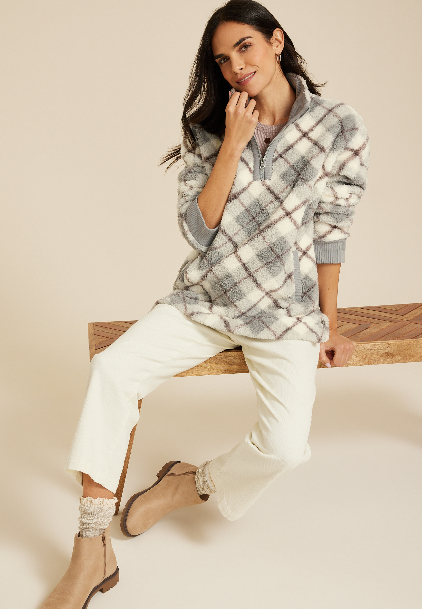 Sherpa Plaid Pullover Sweatshirt, GRAY COMBO, large