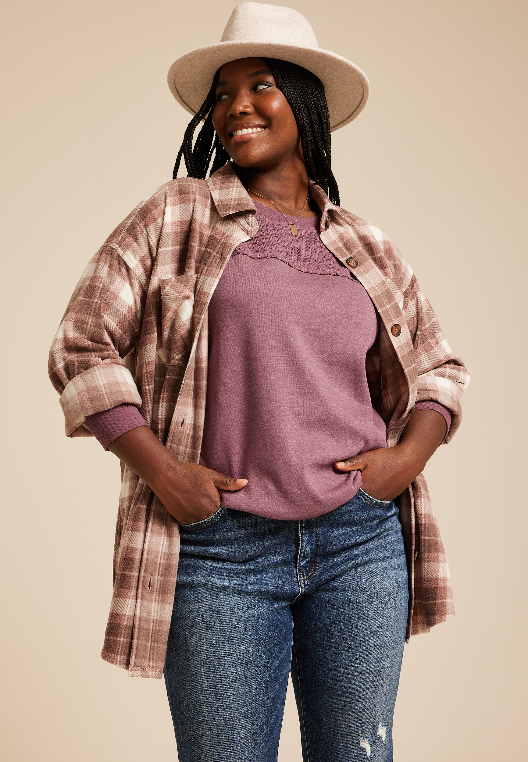 Plus Size Knit Mixer Crew Neck Sweatshirt, COCOA BLUSH, large