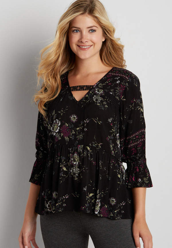 lightweight peasant top in floral print with lace | maurices
