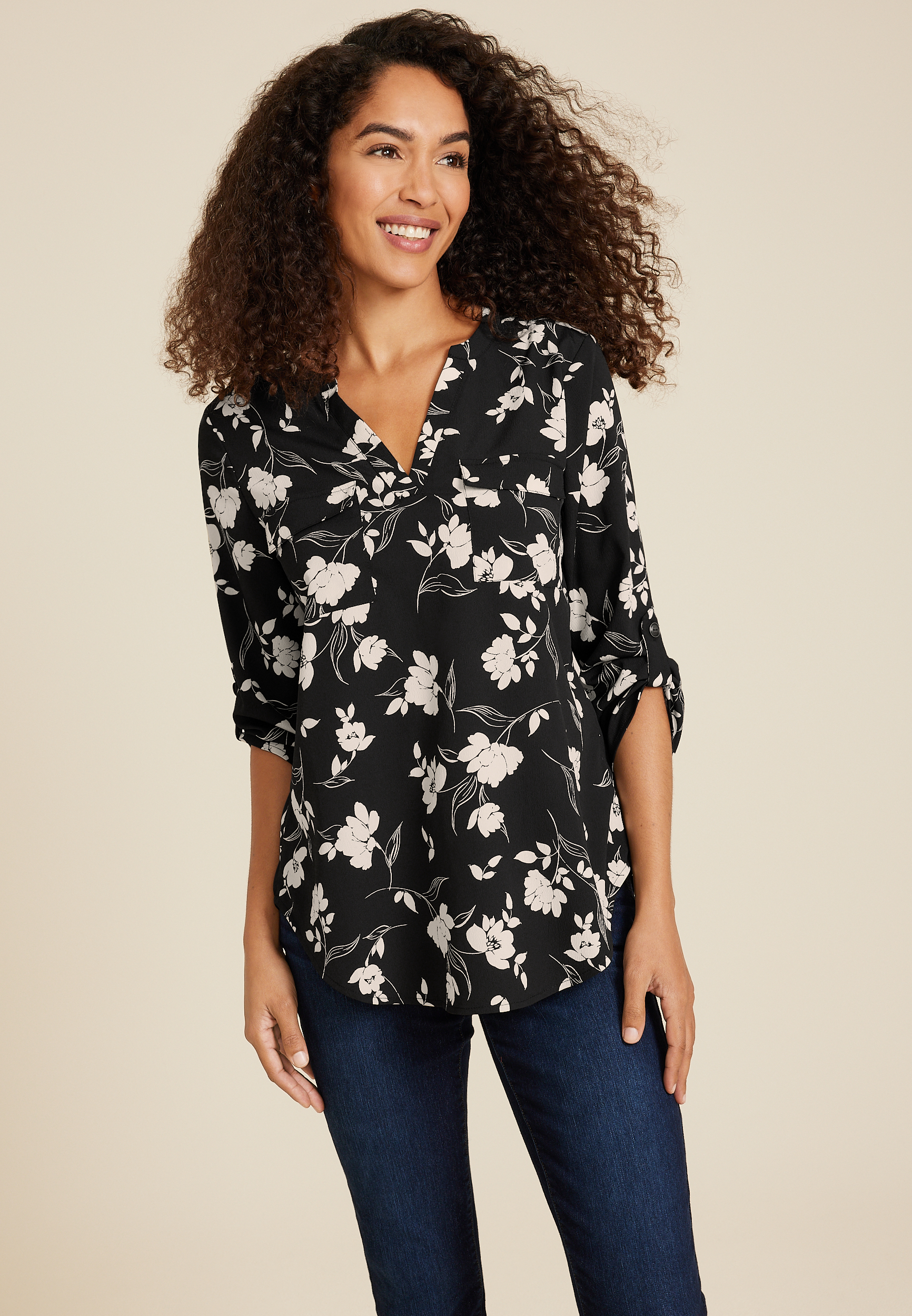 3/4 Sleeve V Neck Tunic Blouse