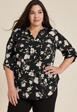 Plus Size 3/4 Sleeve V Neck Tunic Blouse, BLACK COMBO, small
