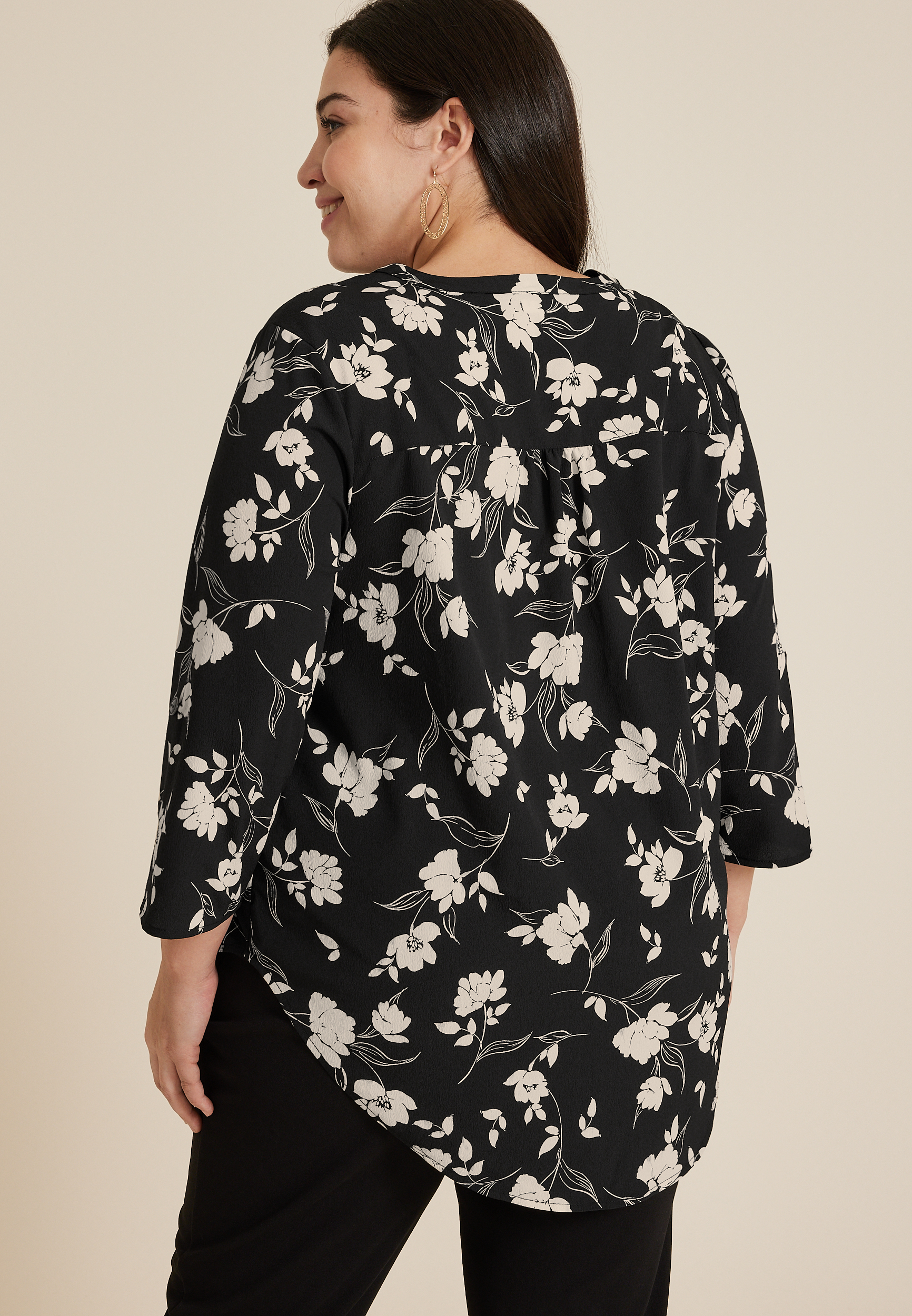 Plus Size 3/4 Sleeve V Neck Tunic Blouse, BLACK COMBO, large