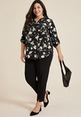 Plus Size 3/4 Sleeve V Neck Tunic Blouse, BLACK COMBO, small