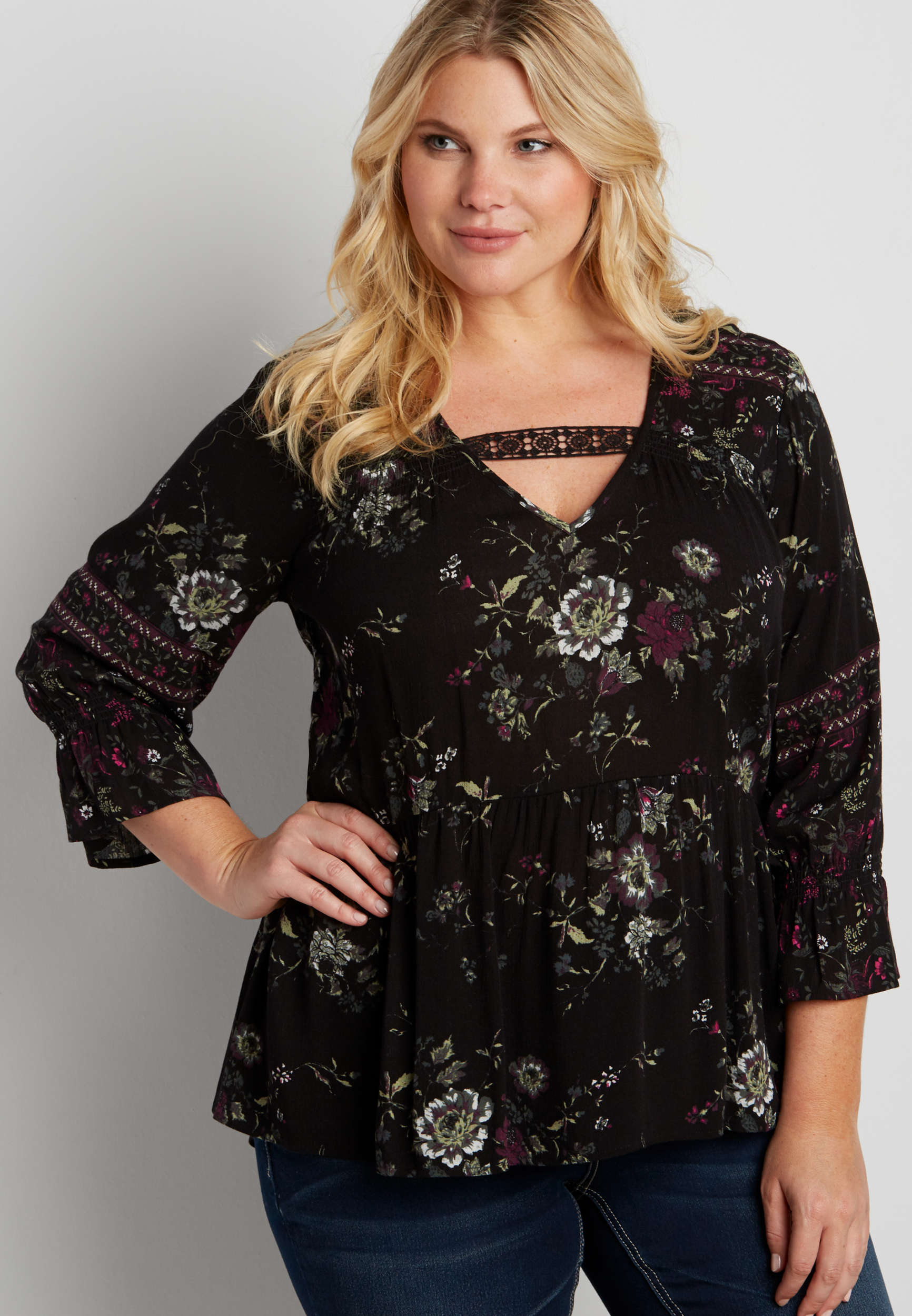 Plus Size Lightweight Peasant Top In Floral Print With Lace Maurices