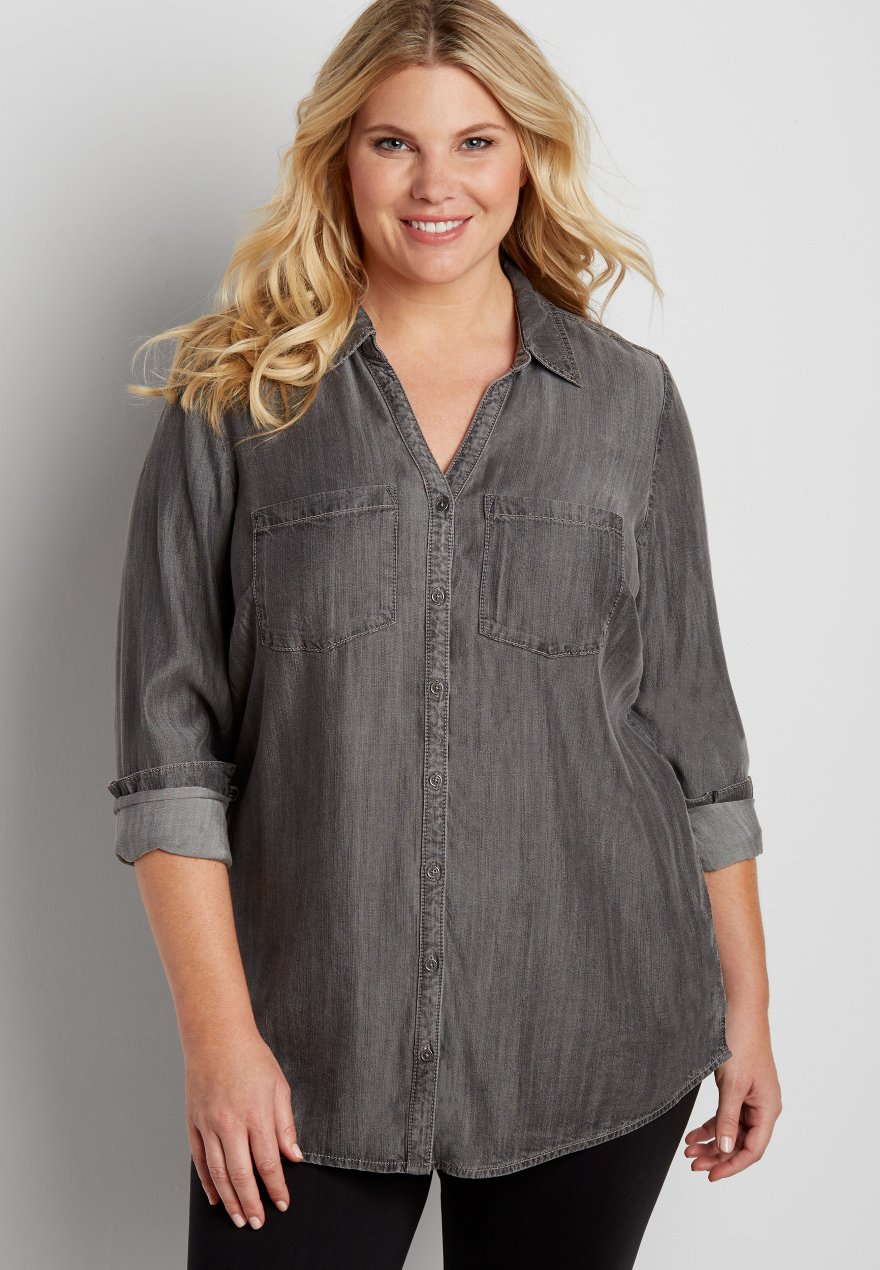 plus size button down chambray tunic shirt in gray | maurices