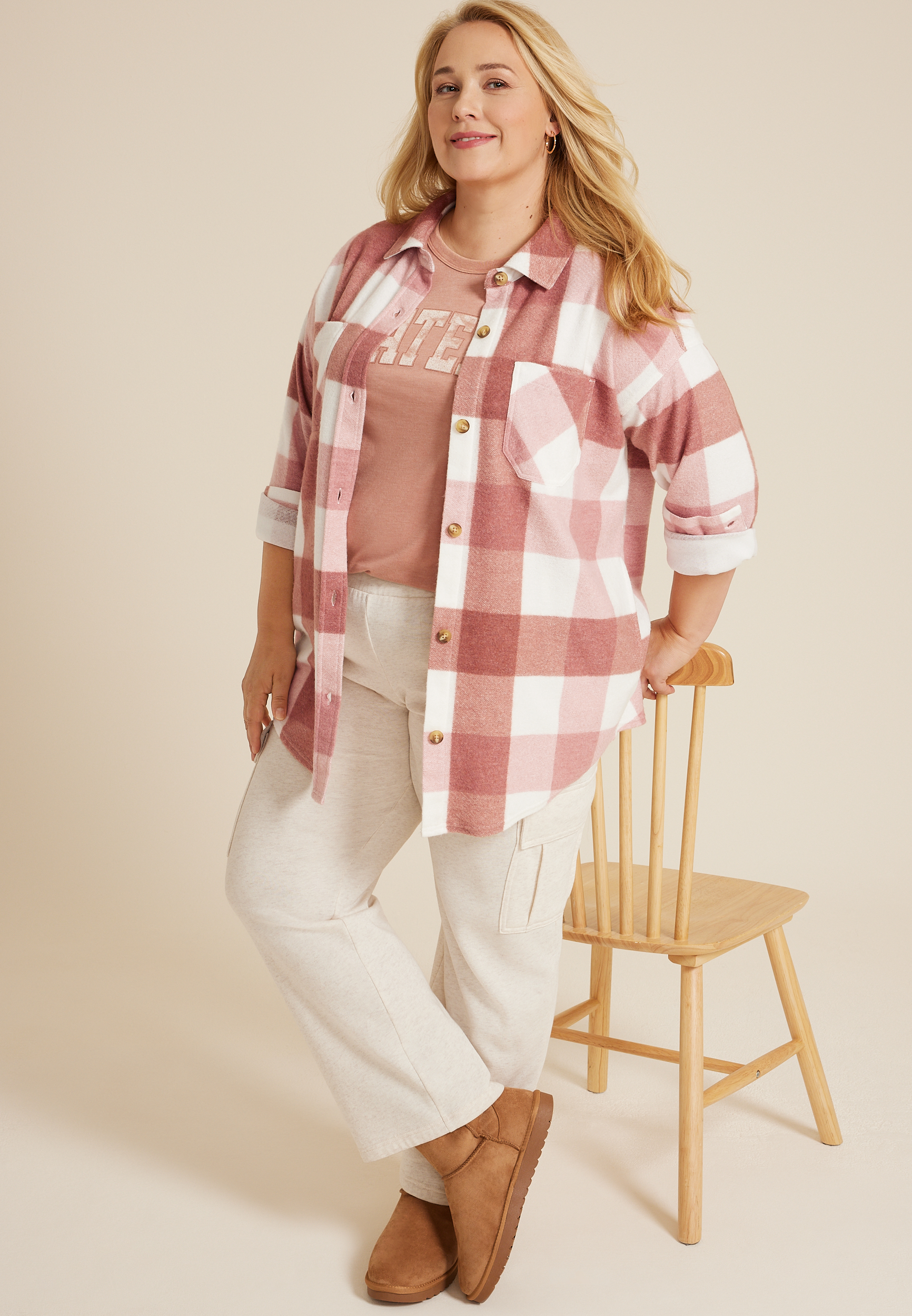 Plus Size Vintage Plaid Fleece Shacket, C894, large