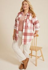 Plus Size Vintage Plaid Fleece Shacket, C894, small