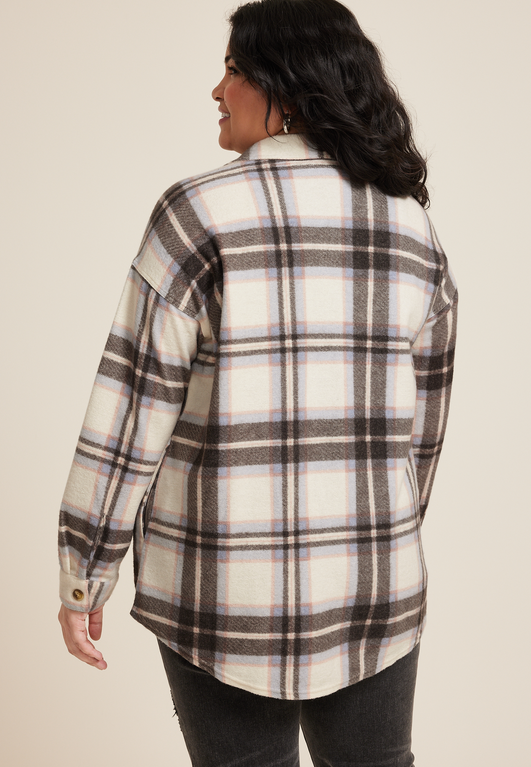 Plus Size Vintage Plaid Fleece Shacket, , large