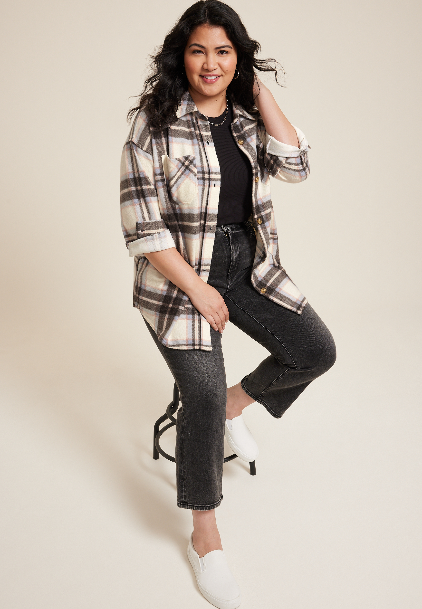 Plus Size Vintage Plaid Fleece Shacket, , large