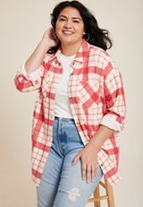 Plus Size Vintage Plaid Fleece Shacket, , small