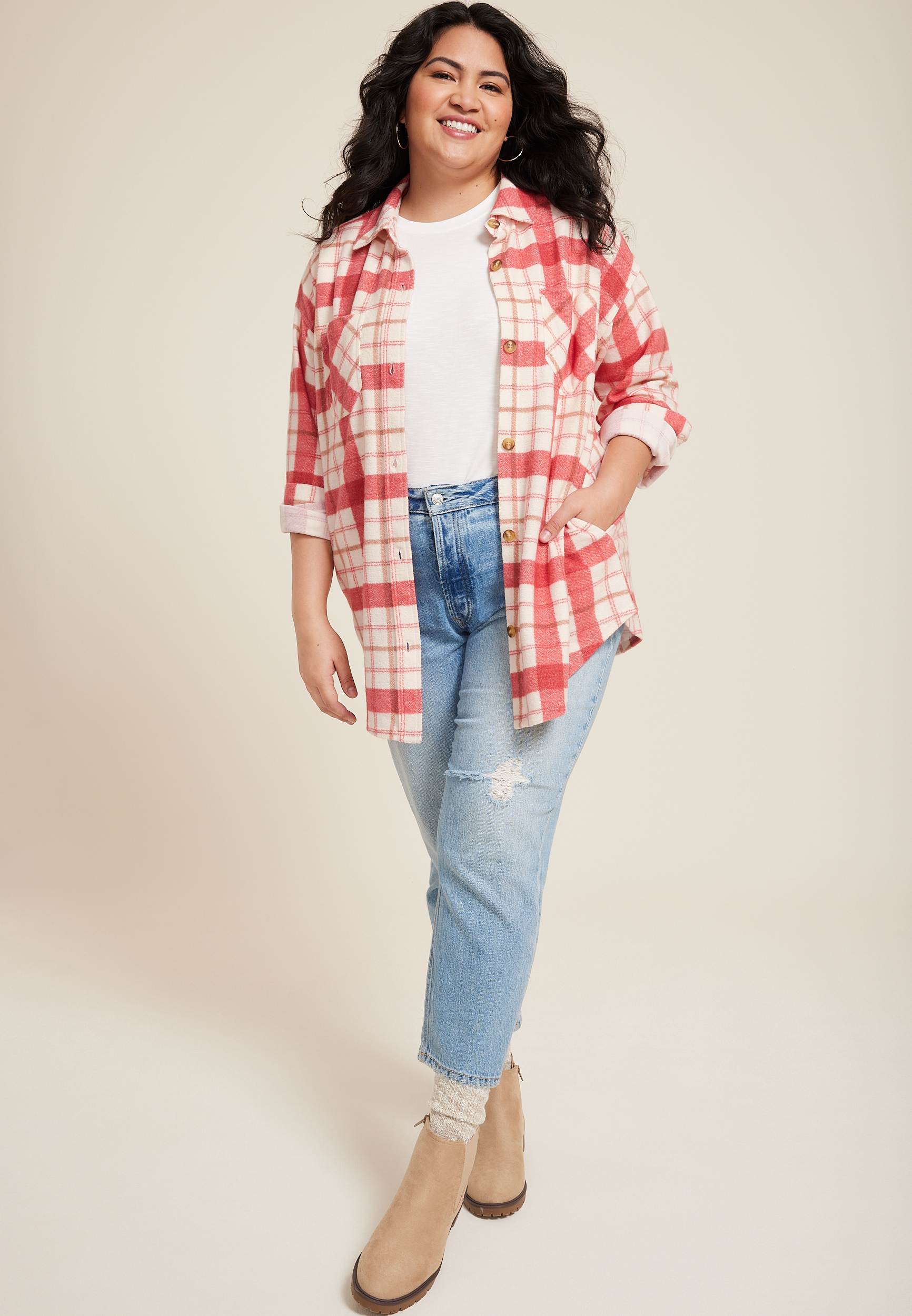 Plus Size Vintage Plaid Fleece Shacket, , large