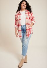 Plus Size Vintage Plaid Fleece Shacket, , small
