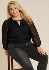 Plus Size Leighton Heart Jacquard Long Sleeve Blouse, C106, small
