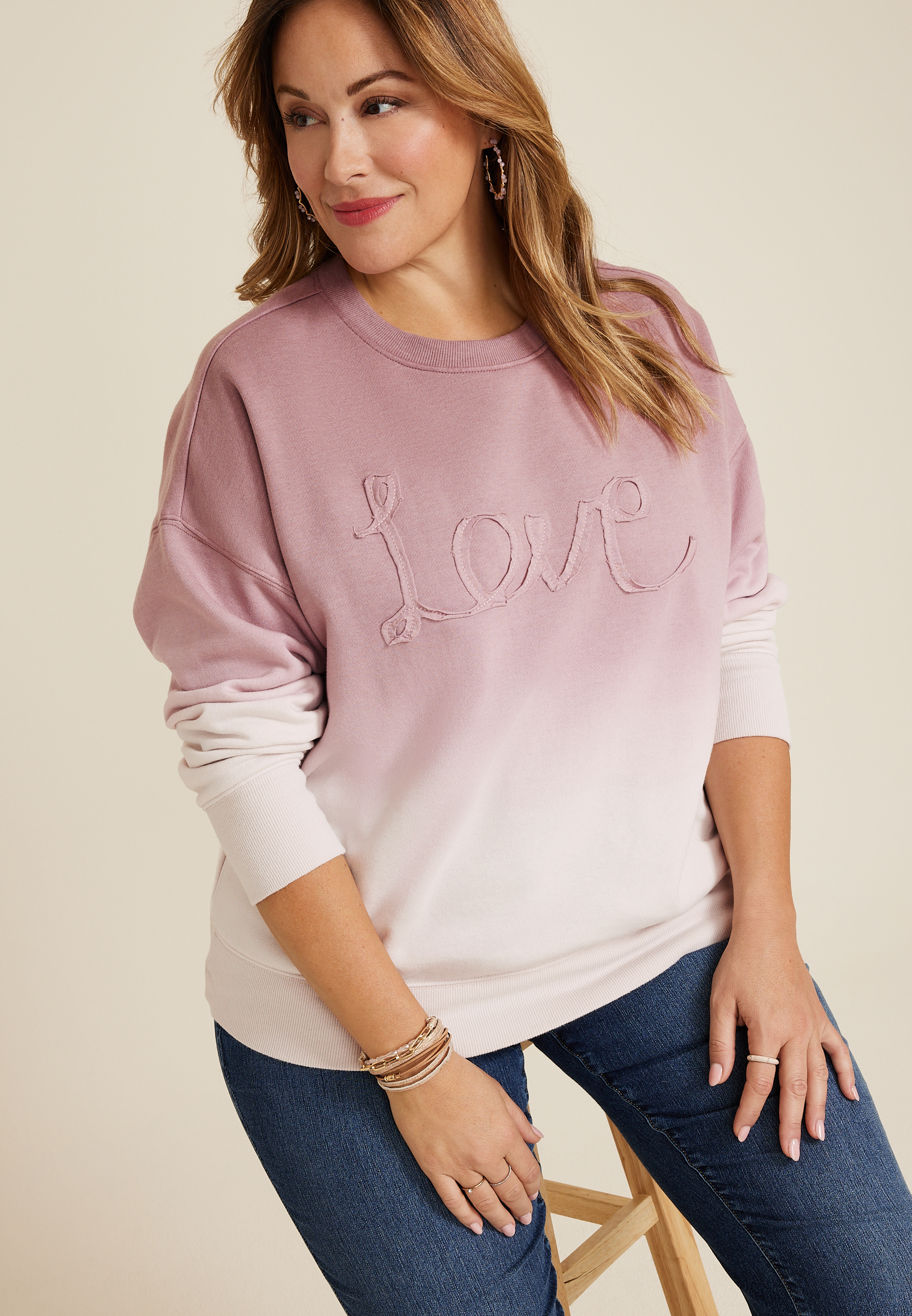 Plus Size Love Applique Dip Dye Relaxed Fit Sweatshirt, C3632, large