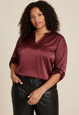 Plus Size Atwood Satin 3/4 Sleeve Popover Blouse, C830, small