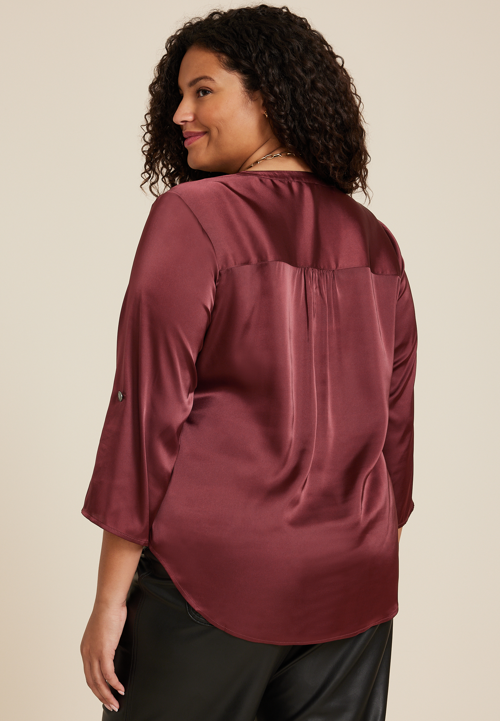 Plus Size Atwood Satin 3/4 Sleeve Popover Blouse, C830, large
