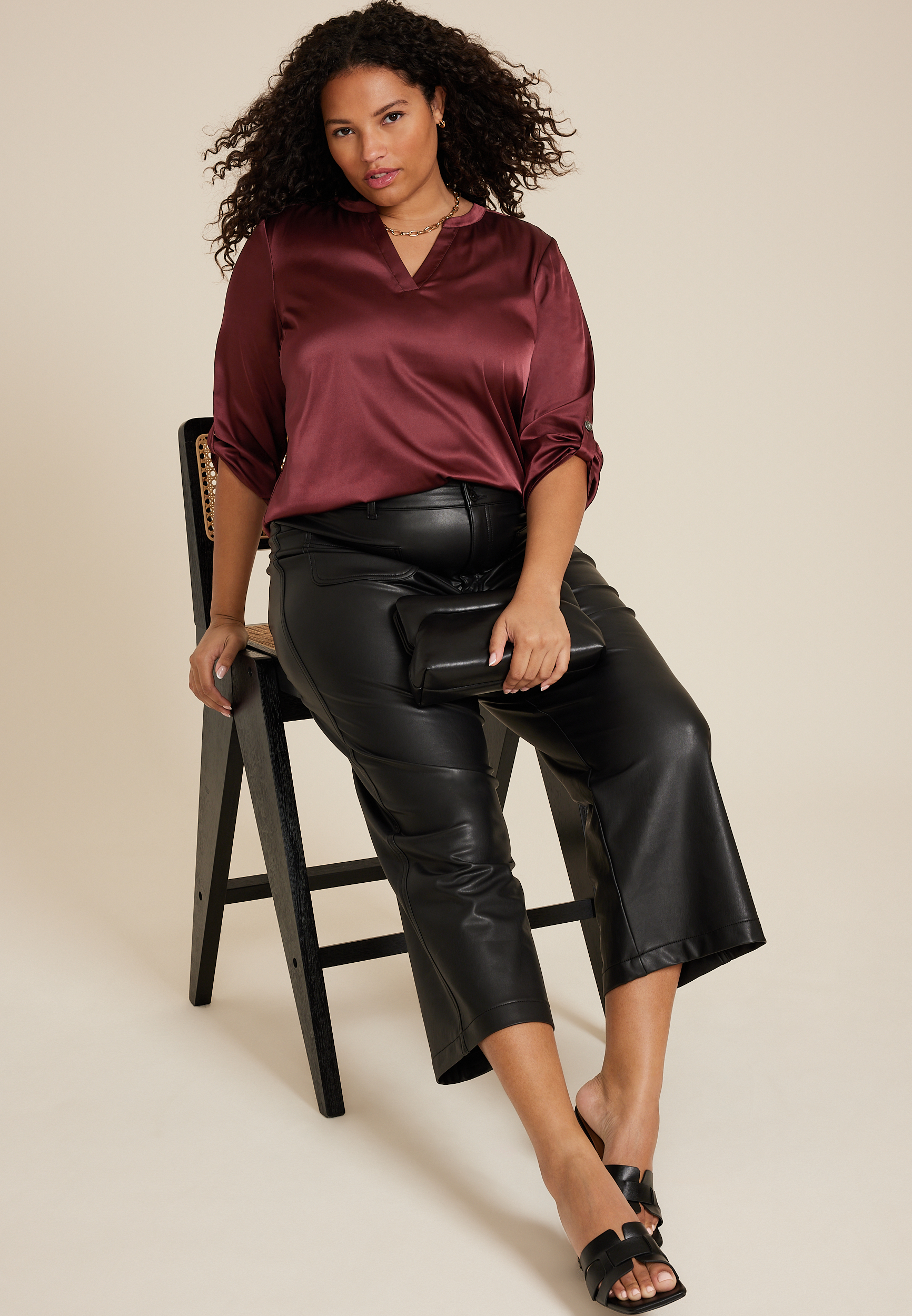 Plus Size Atwood Satin 3/4 Sleeve Popover Blouse, C830, large
