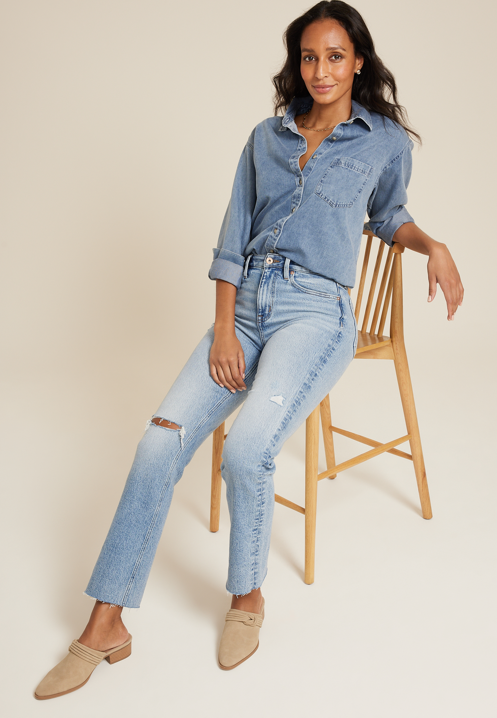 edgely&trade; High Rise Ripped Cheeky Relaxed Straight Jean, MEDIUM SANDBLAST, large