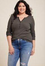 Plus Size Henley Long Sleeve Tee, C3604, small