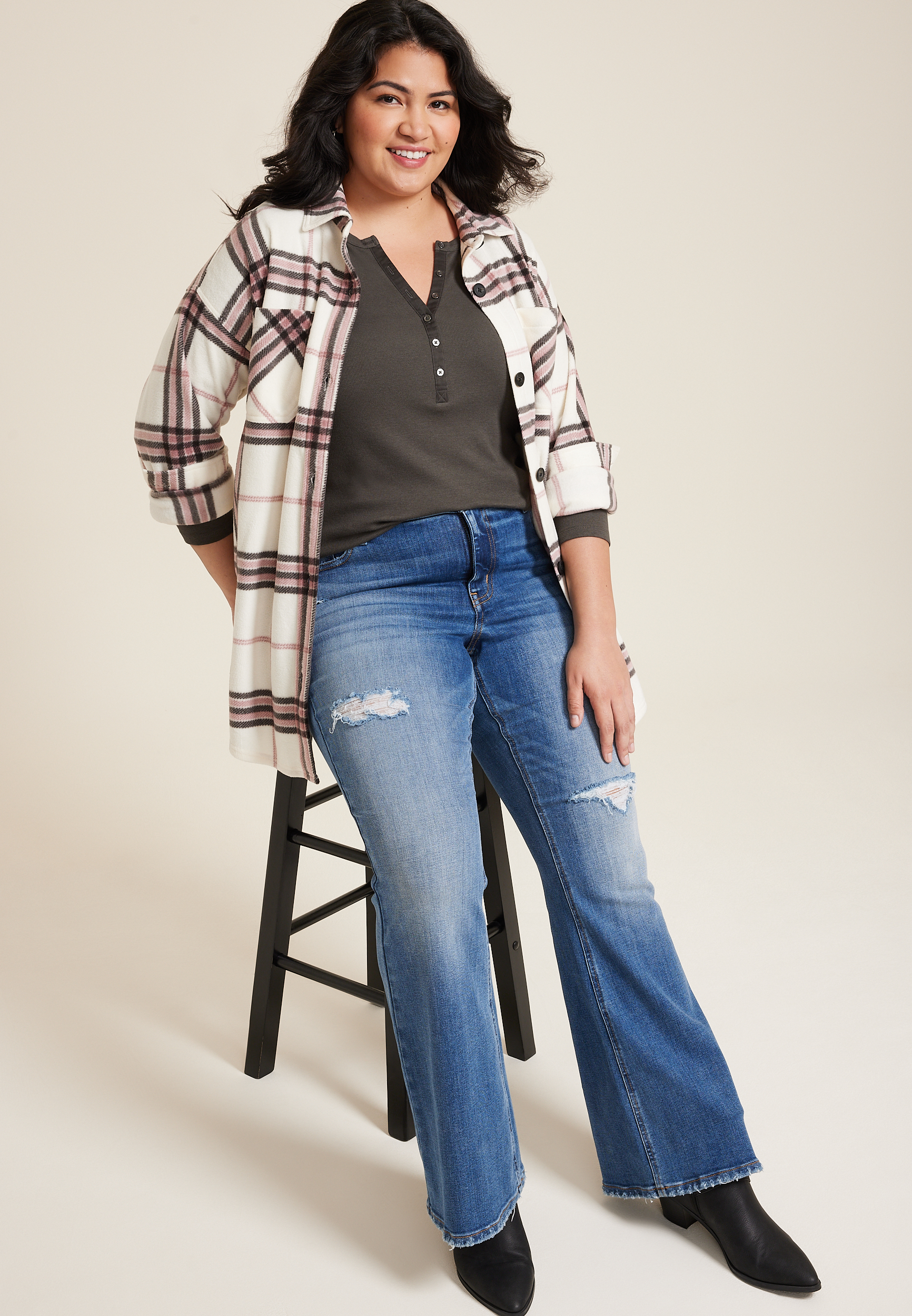 Plus Size Henley Long Sleeve Tee, C3604, large
