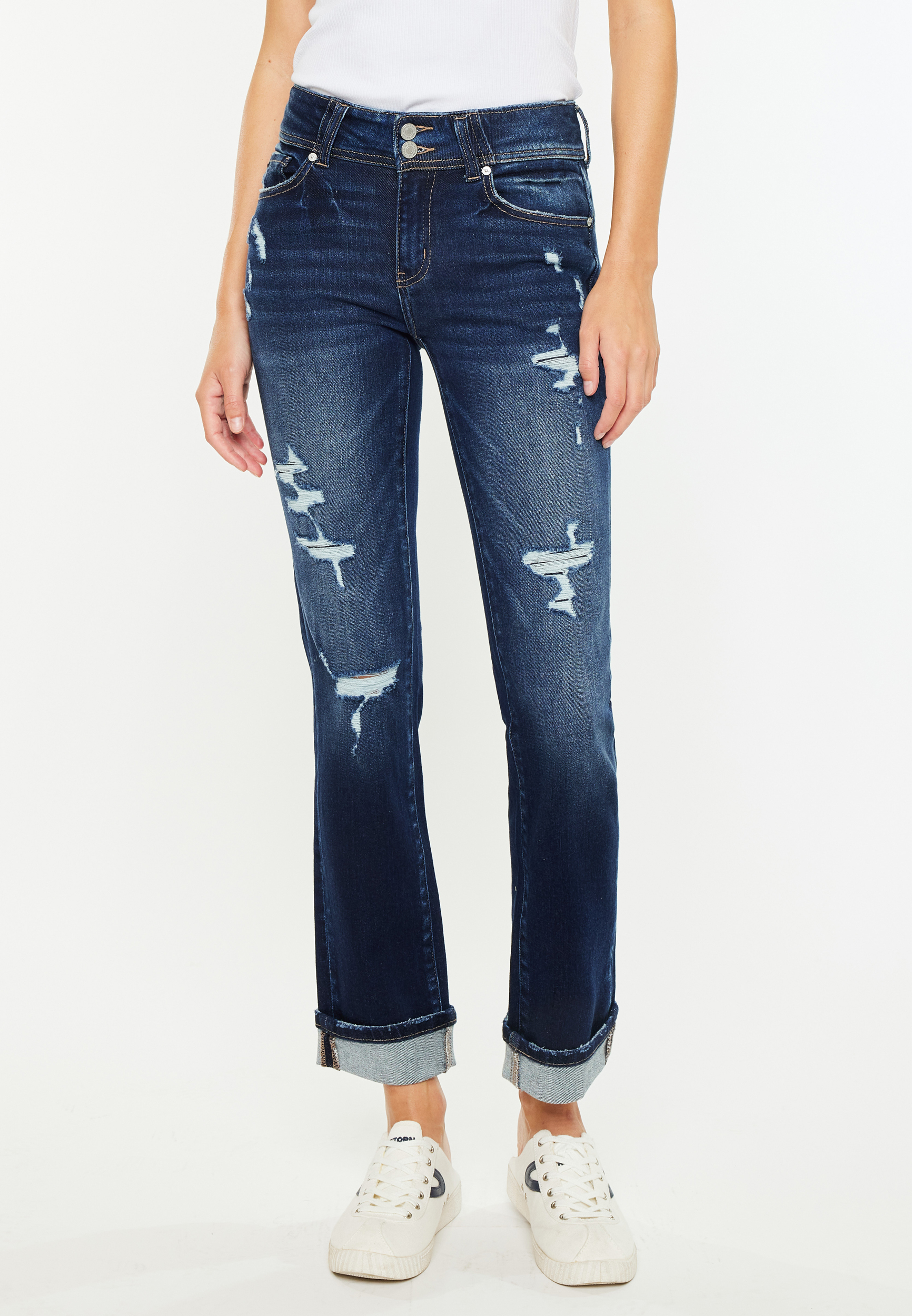KanCan&trade; Mid Rise Open Ripped Cuff Hem Straight Ankle Jean, , large