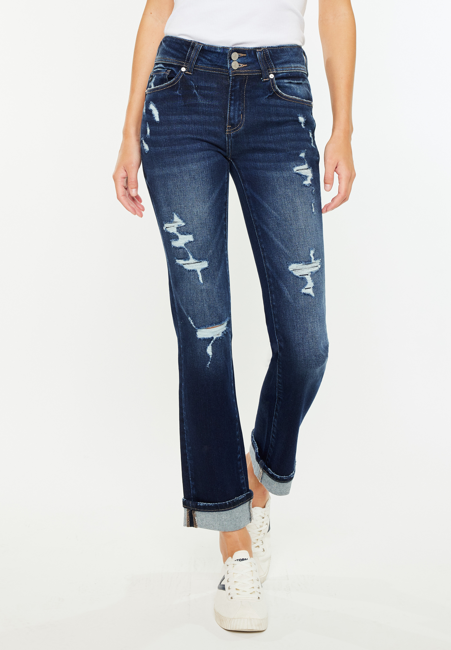 KanCan&trade; Mid Rise Open Ripped Cuff Hem Straight Ankle Jean, , large