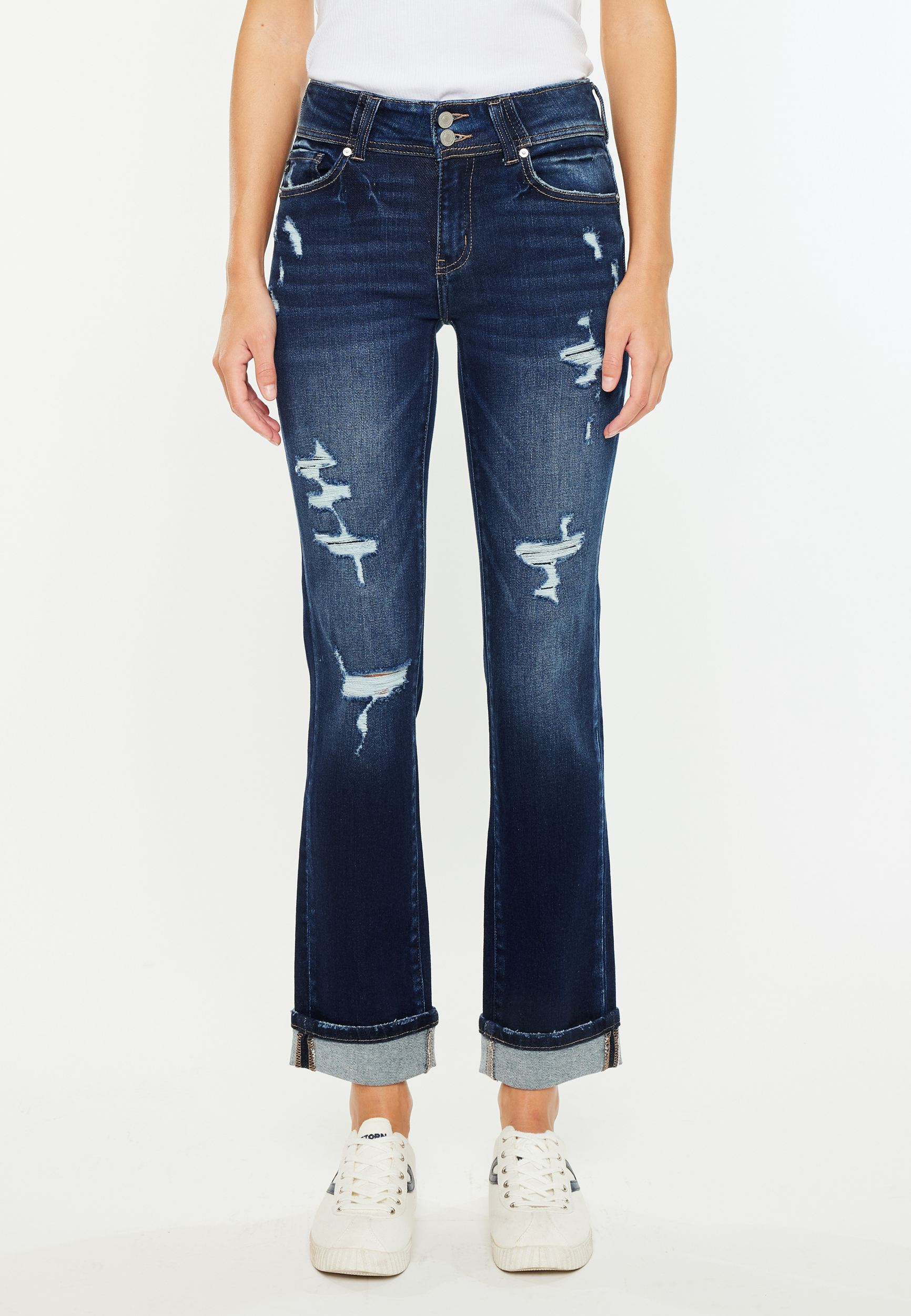KanCan&trade; Mid Rise Open Ripped Cuff Hem Straight Ankle Jean, , large
