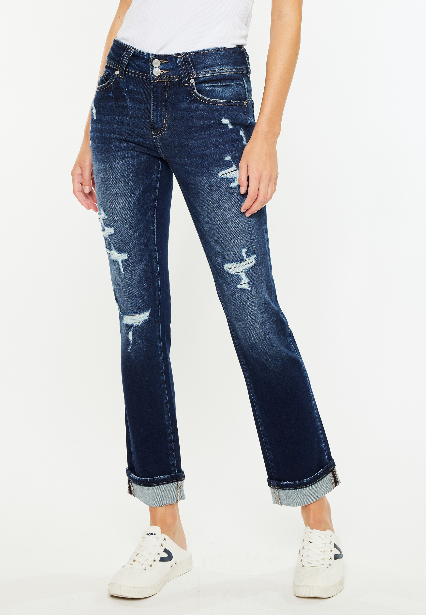 KanCan&trade; Mid Rise Open Ripped Cuff Hem Straight Ankle Jean, , large