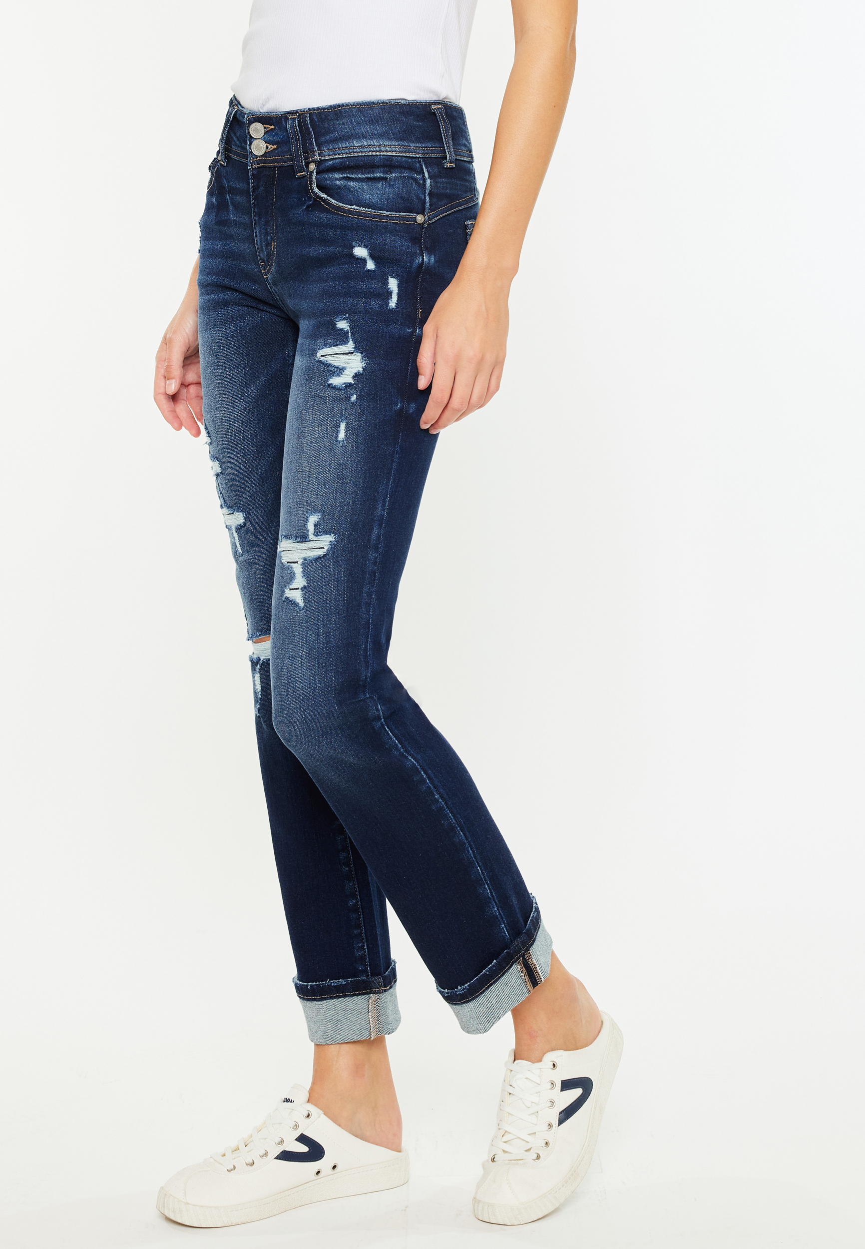 KanCan&trade; Mid Rise Open Ripped Cuff Hem Straight Ankle Jean, , large