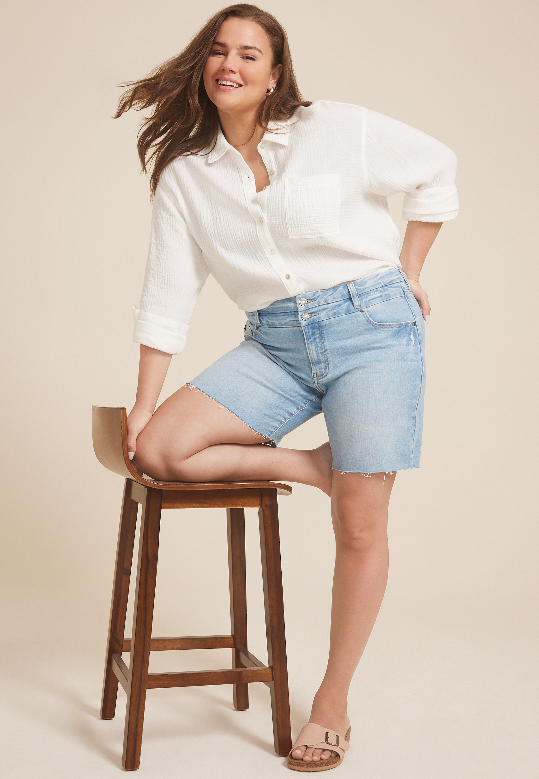 Plus Size KanCan&trade; High Rise Stacked Waist Double Button 8in Bermuda Short, , large