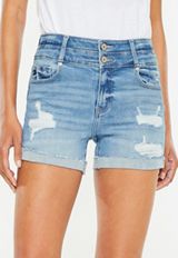 KanCan&trade; Mid Rise Stacked Waist Raw Cuffed Hem 4in Short, , small