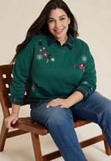 Plus Size Holiday Embroidered Relaxed Fit Sweatshirt, C3895, small