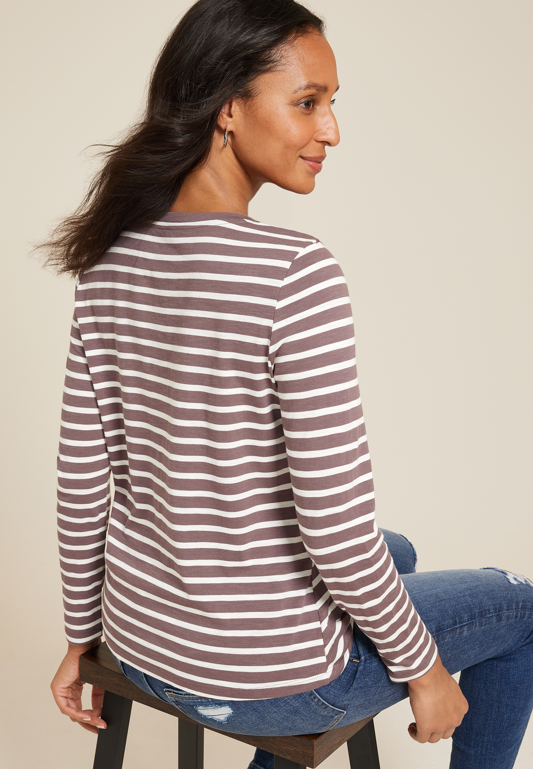 24/7 Austin Striped Knot Hem Long Sleeve Tee, C2580, large