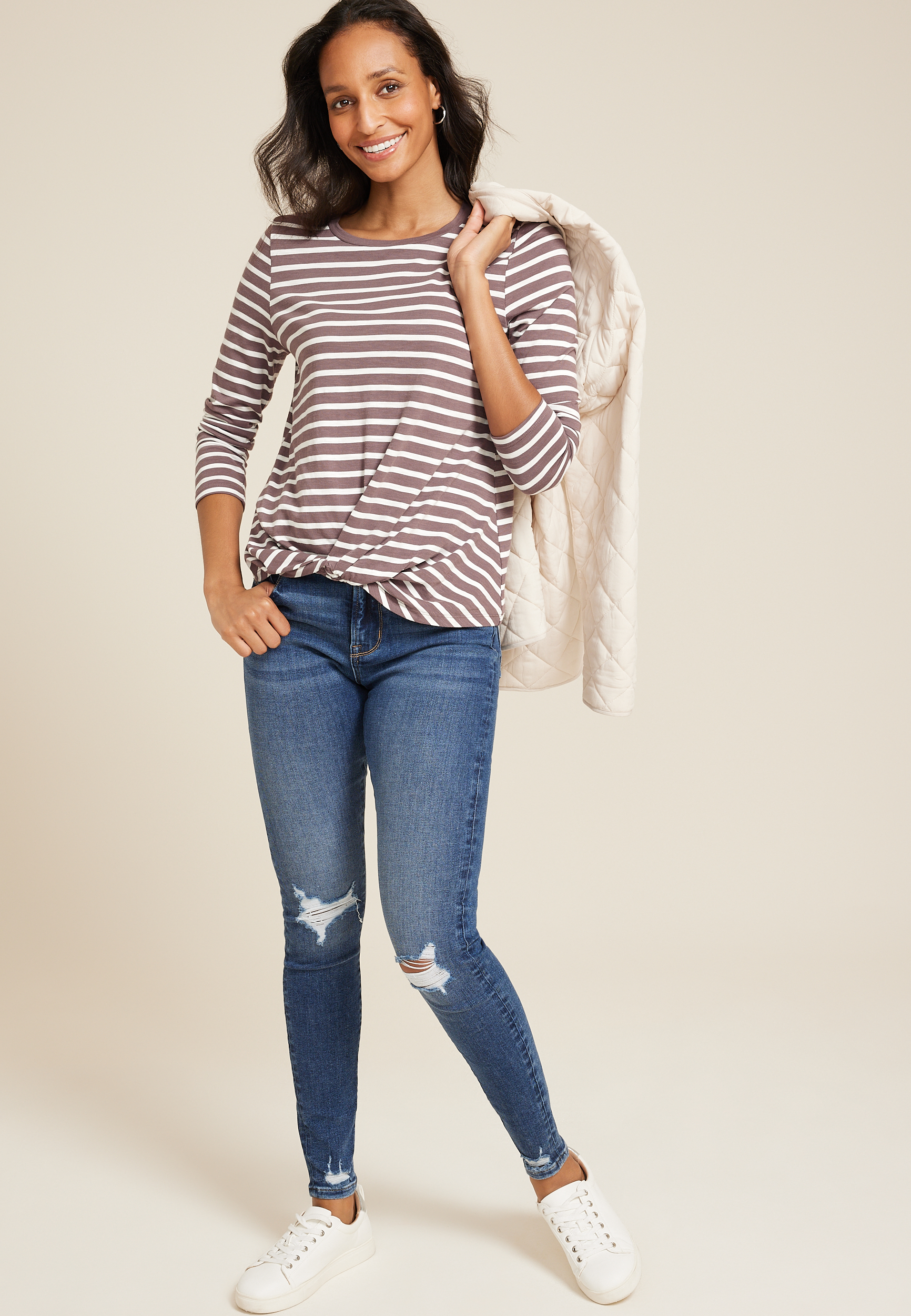 24/7 Austin Striped Knot Hem Long Sleeve Tee, C2580, large