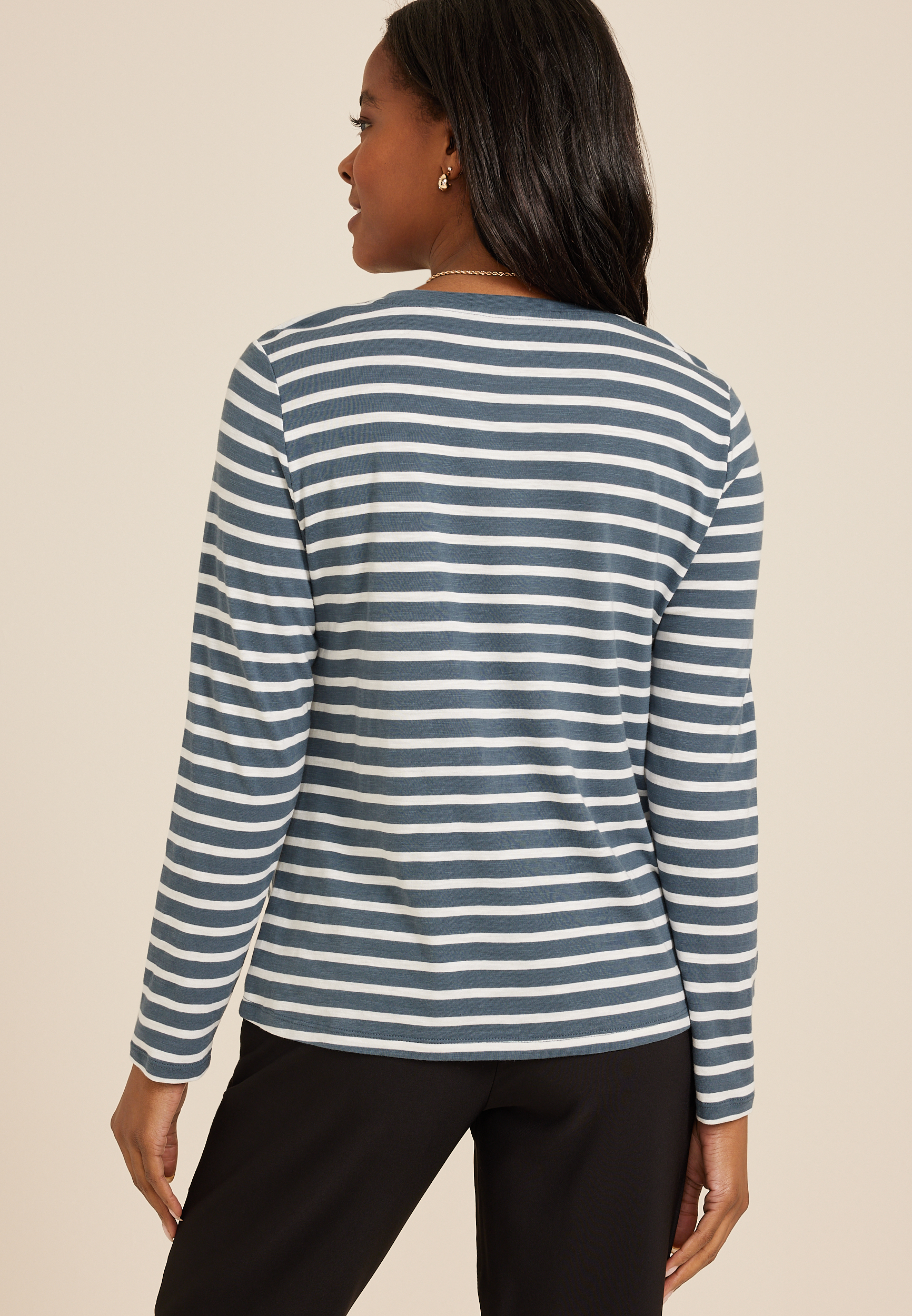 24/7 Austin Striped Knot Hem Long Sleeve Tee, C8209, large