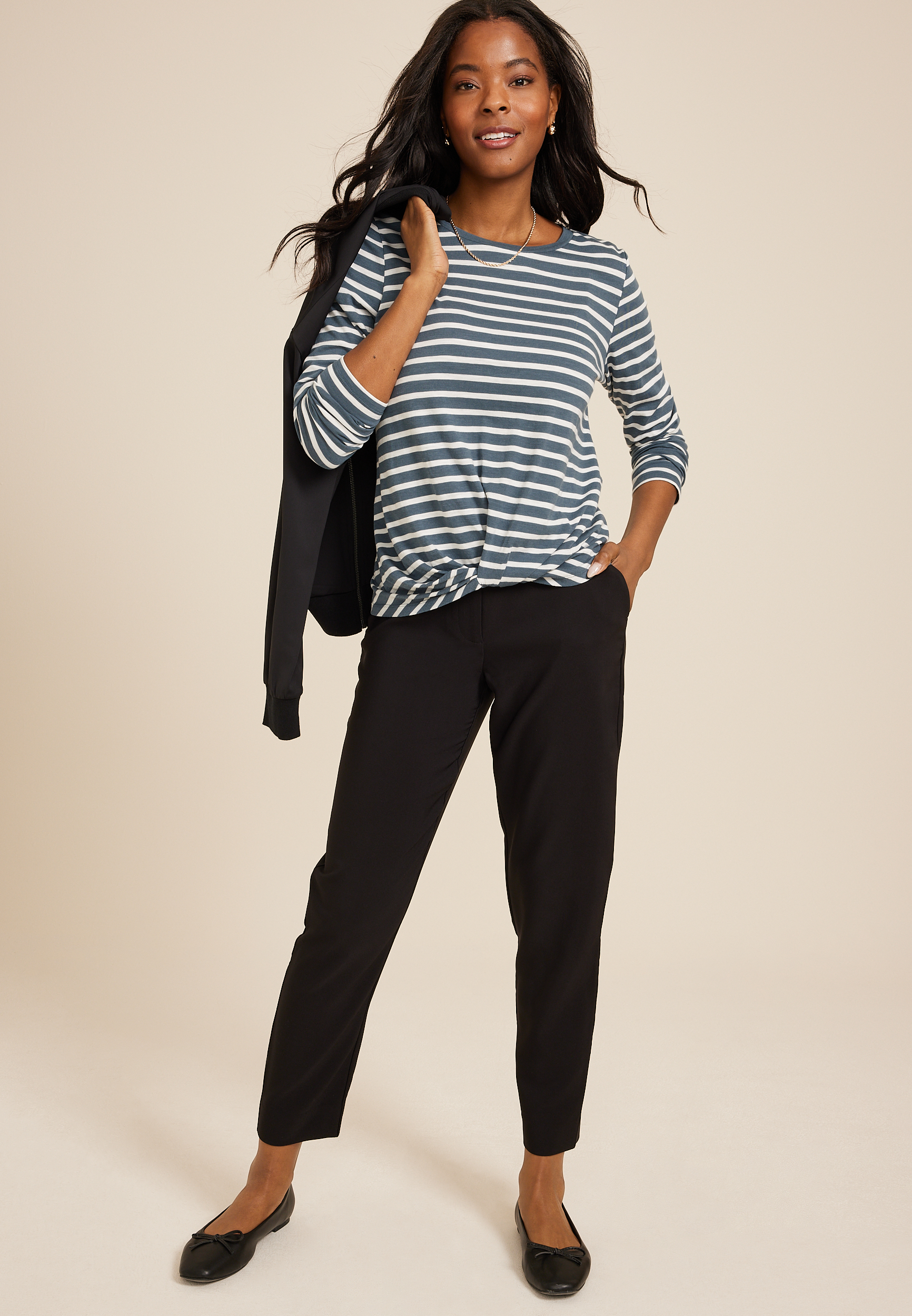 24/7 Austin Striped Knot Hem Long Sleeve Tee, C8209, large