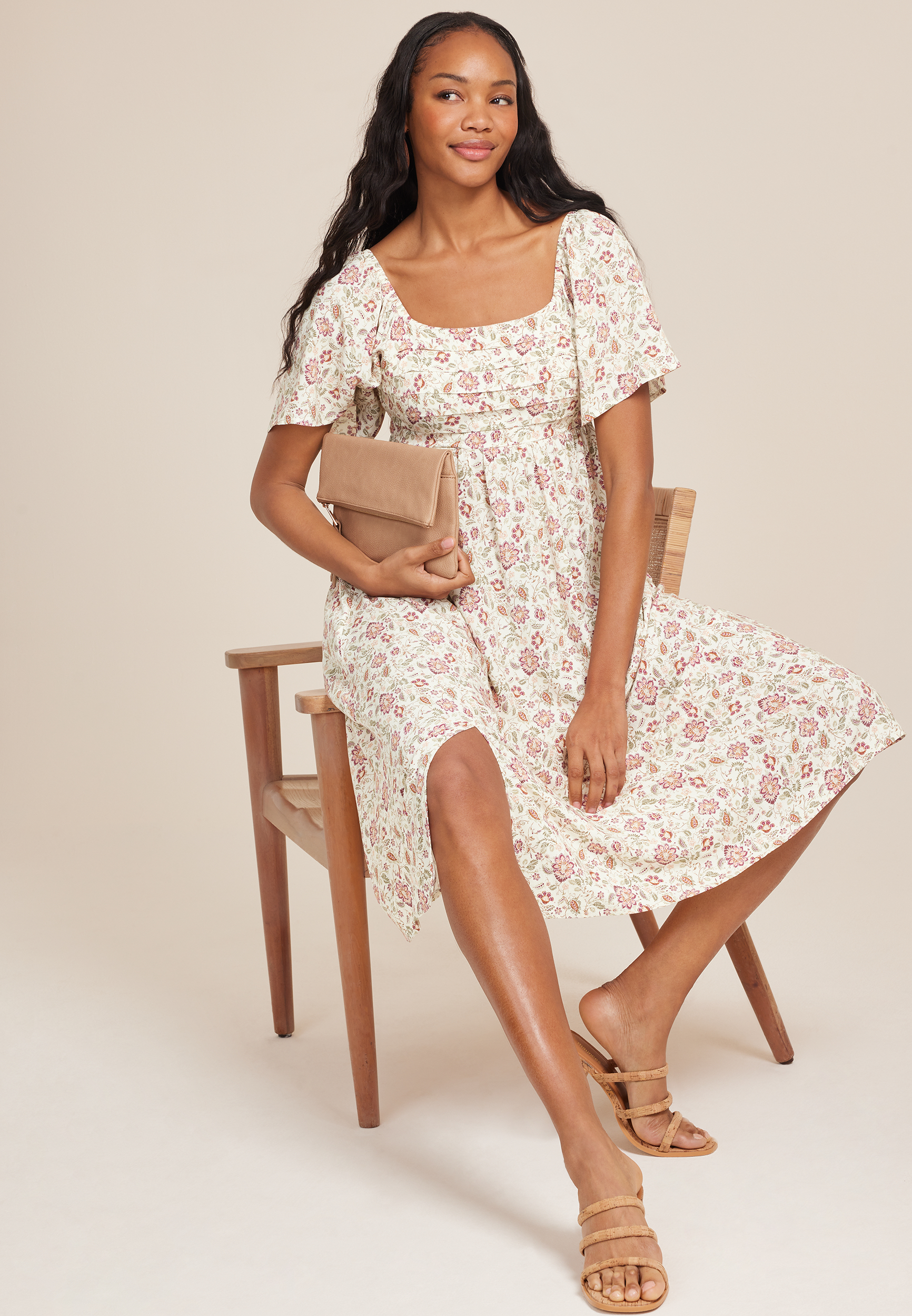 Floral Pleated Bodice Midi Dress, C3986, large