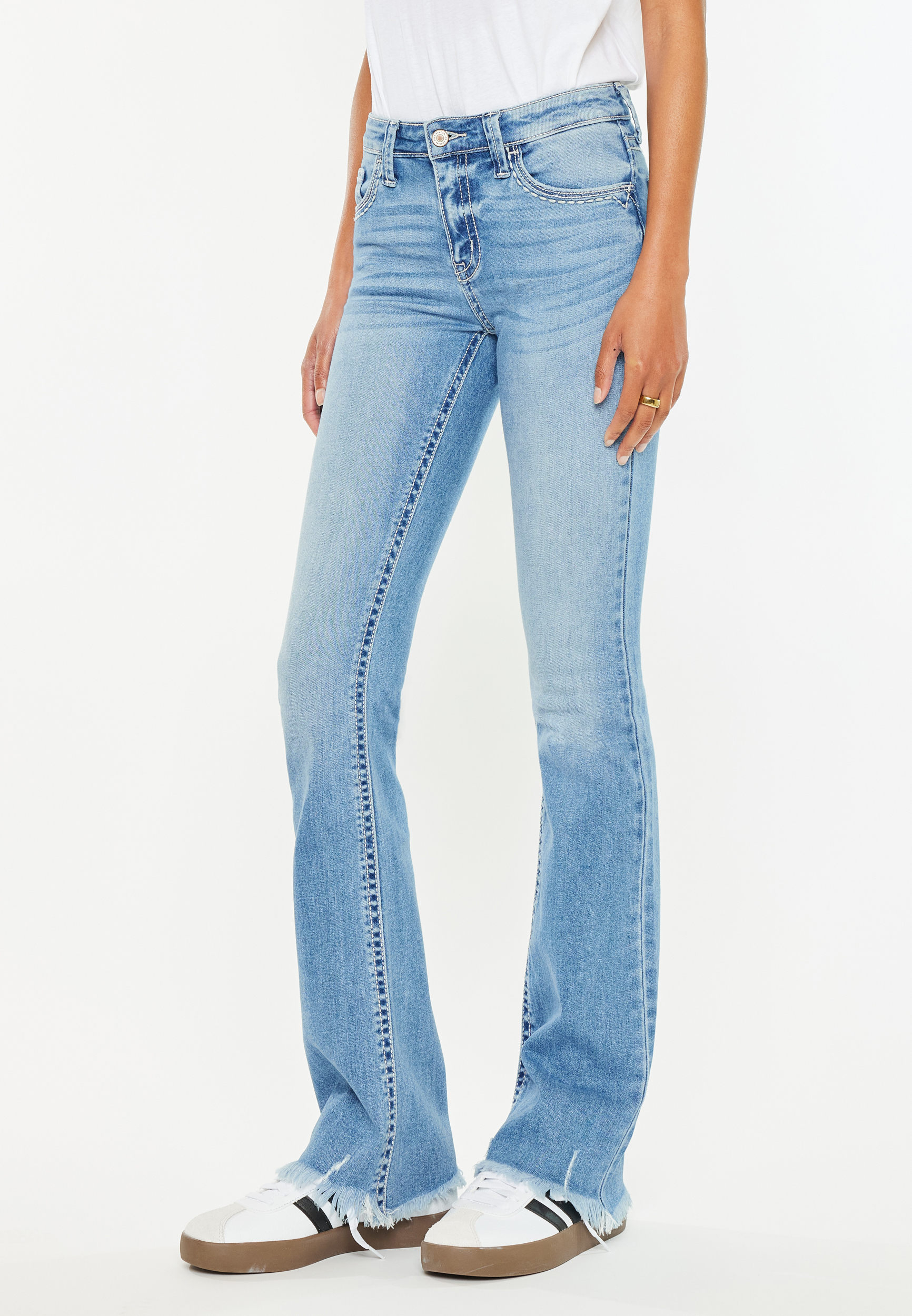 KanCan&trade; Mid Rise Frayed Hem Bootcut Jean, , large