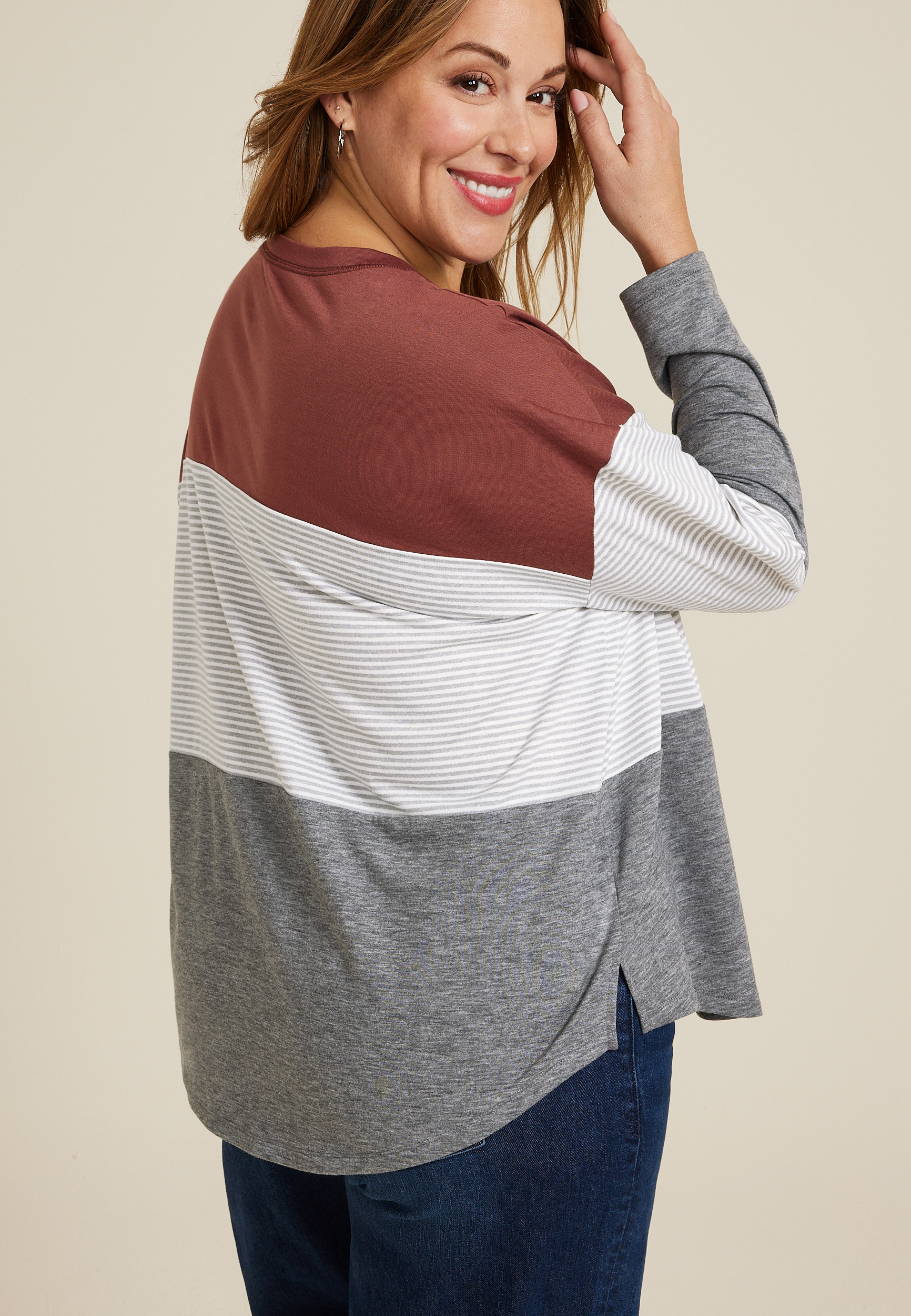 Plus Size 24/7 Clara Colorblock Long Sleeve Tee, C894, large