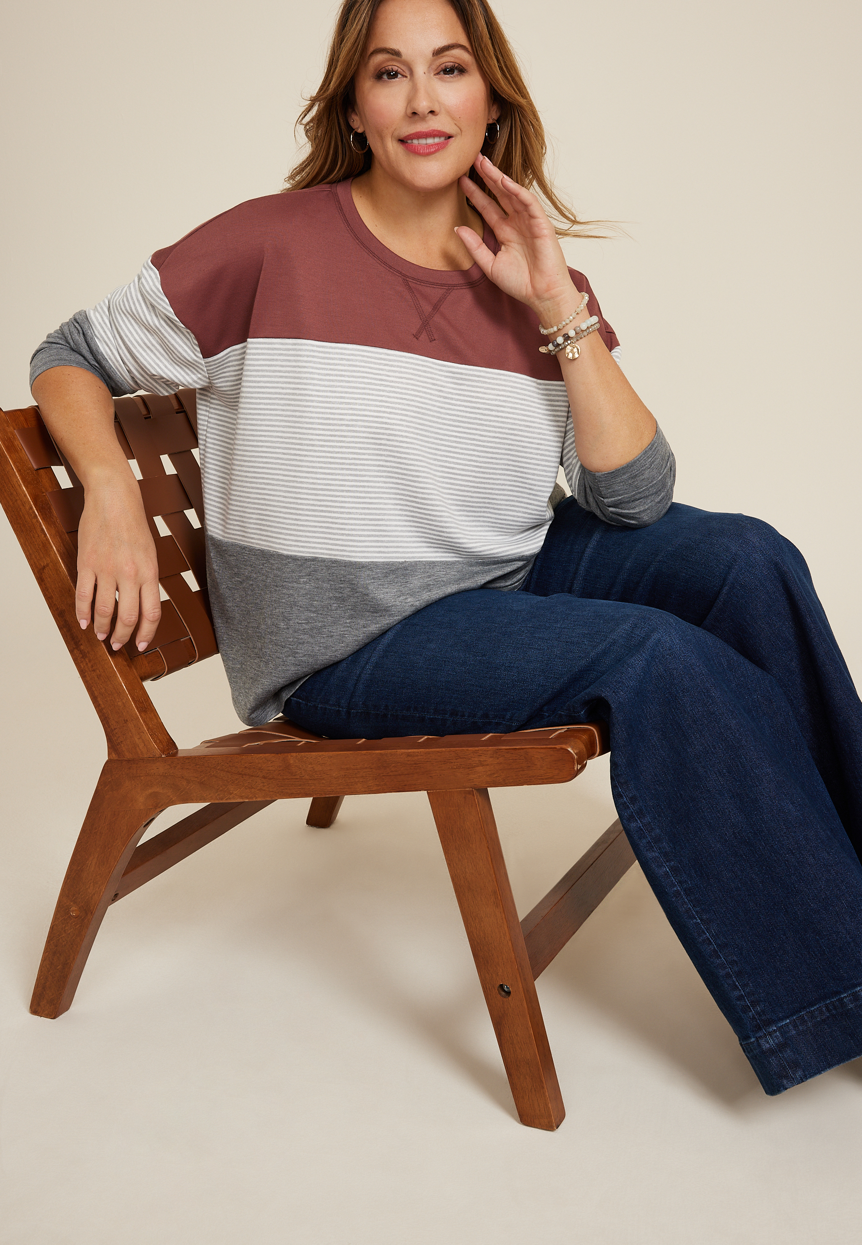 Plus Size 24/7 Clara Colorblock Long Sleeve Tee, C894, large