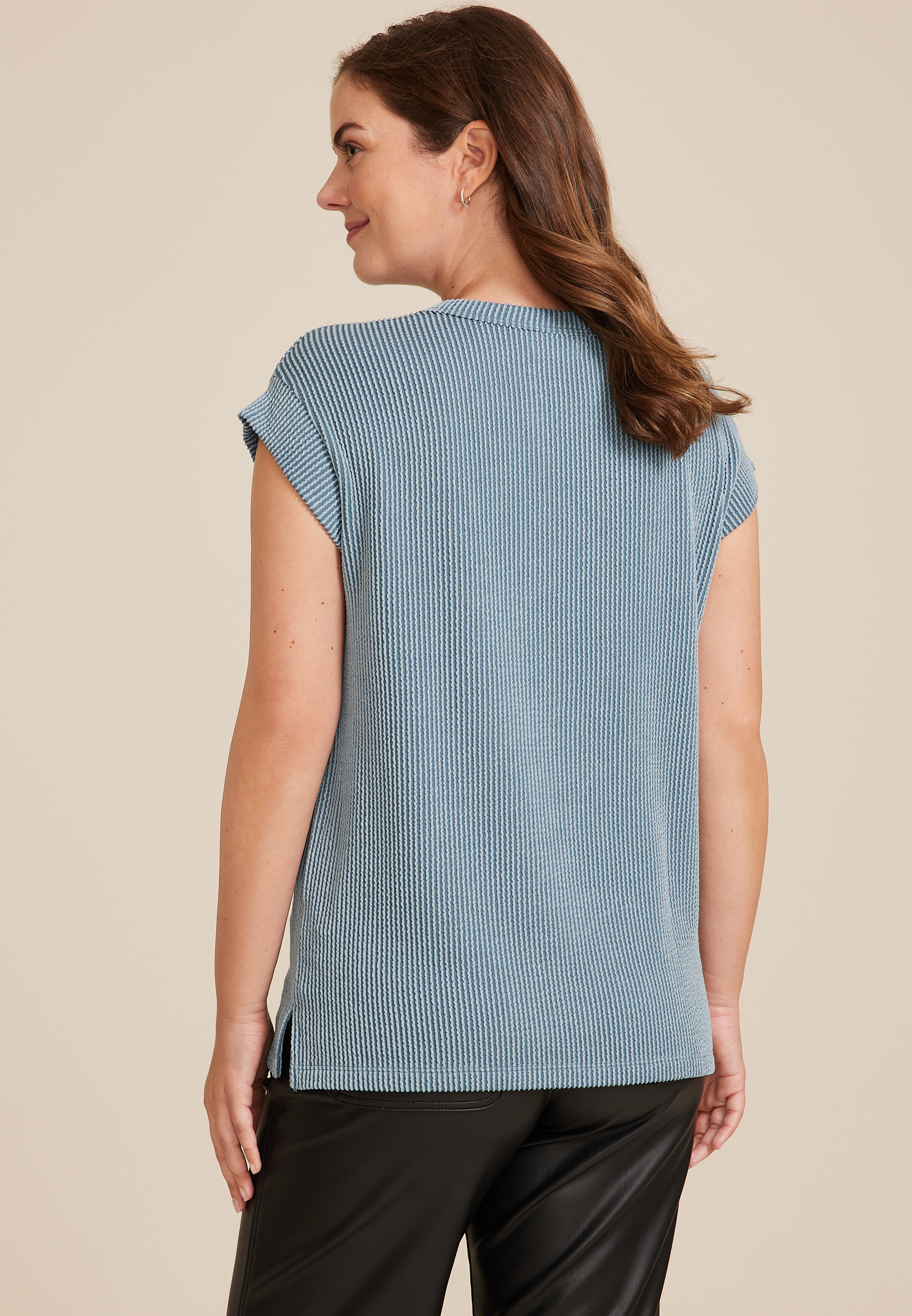 24/7 Clara Ribbed Band Sleeve Tee, SAGE FOG, large