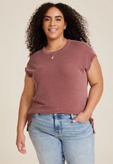 Plus Size 24/7 Clara Ribbed Band Sleeve Tee, Rust, small