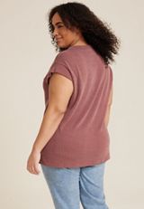 Plus Size 24/7 Clara Ribbed Band Sleeve Tee, Rust, small