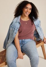 Plus Size 24/7 Clara Ribbed Band Sleeve Tee, Rust, small