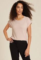 24/7 Clara Short Sleeve Wavy Ribbed Tee, OATMEAL, small
