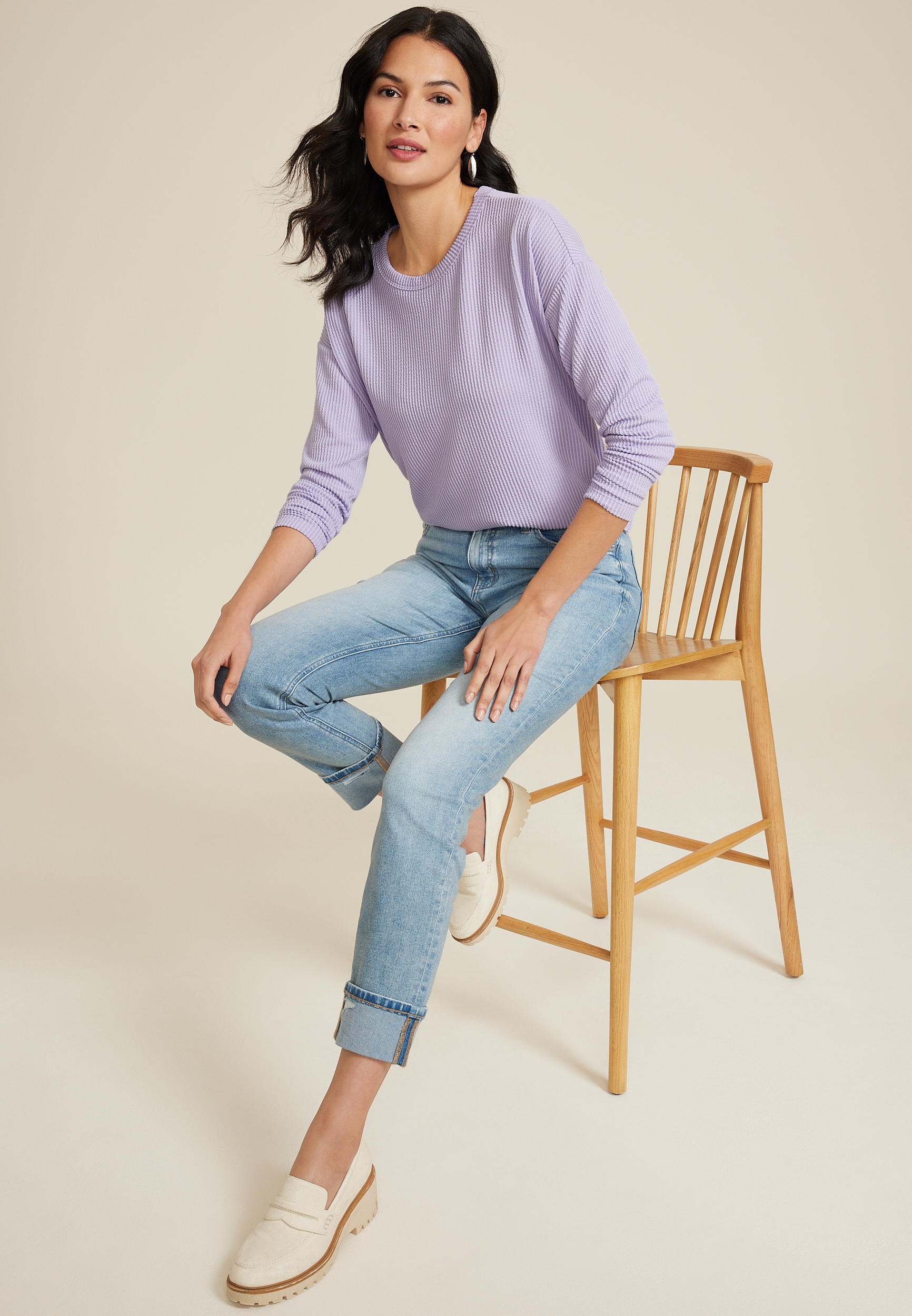24/7 Clara Long Sleeve Wavy Ribbed Tee, C892, large